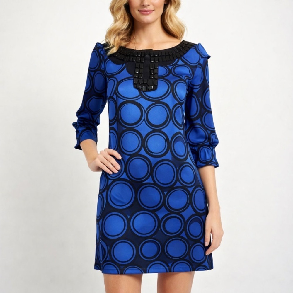 Michael Michael Kors Blue & Black Embellished Retro Designer Shift Dress Size 6